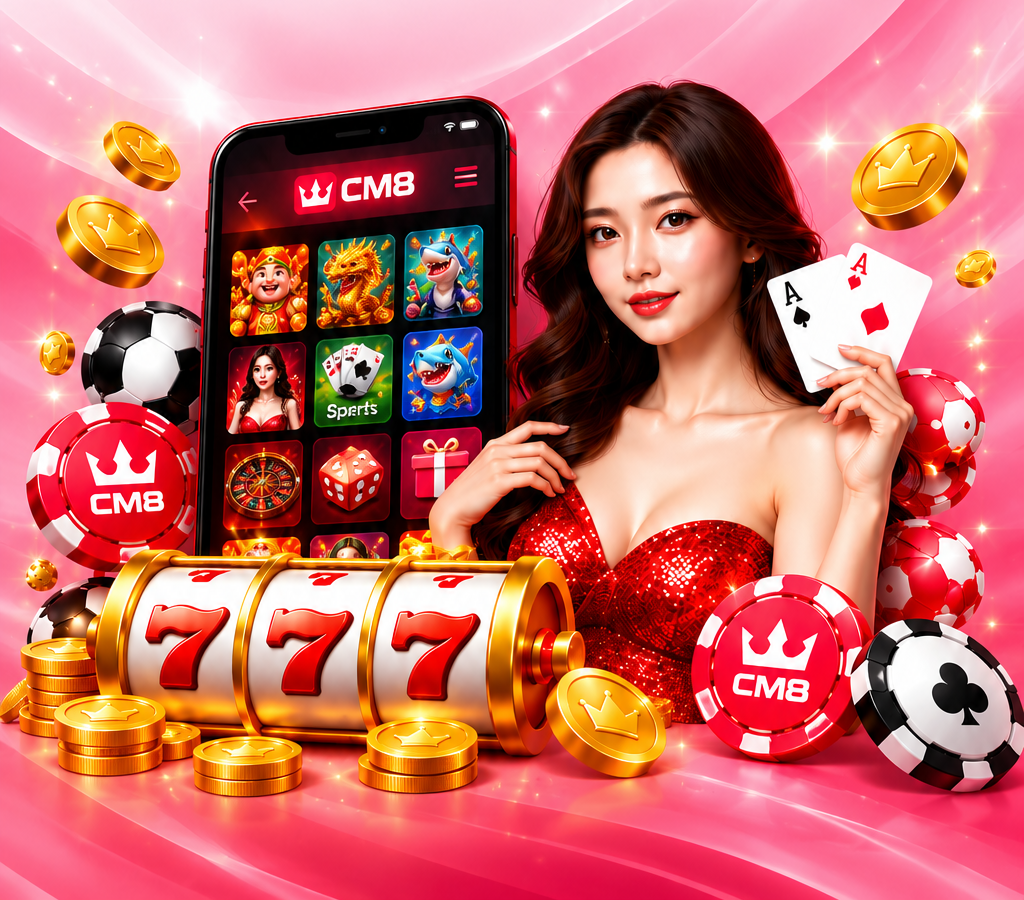 CM8 游戏体验展示图，呈现老虎机、真人娱乐、体育与捕鱼等分类。